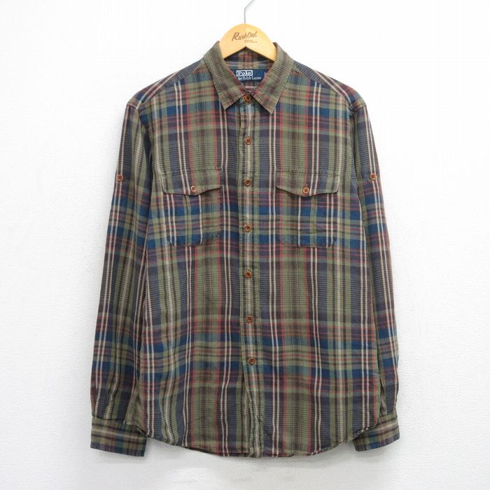 XL★古着 ラルフローレン Ralph Lauren 長袖 ブランド シャツ メンズ 90年代 90s リネン 濃緑他 グリーン チェック 25oct24 中古 トップス