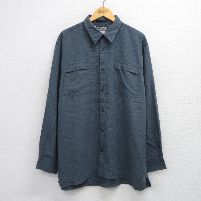 XL★古着 コロンビア COLUMBIA 長袖 ブランド シャツ メンズ XCO 大きいサイズ ロング丈 紺他 ネイビー チェック 25oct24 中古 トップス