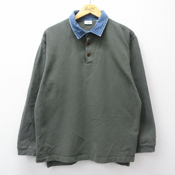 L★古着 エルエルビーン LLBEAN 長袖 ブランド ポロ シャツ メンズ 90年代 90s 襟デニム 鹿の子 緑他 グリーン 【spe】 25oct27 中古 トップス
