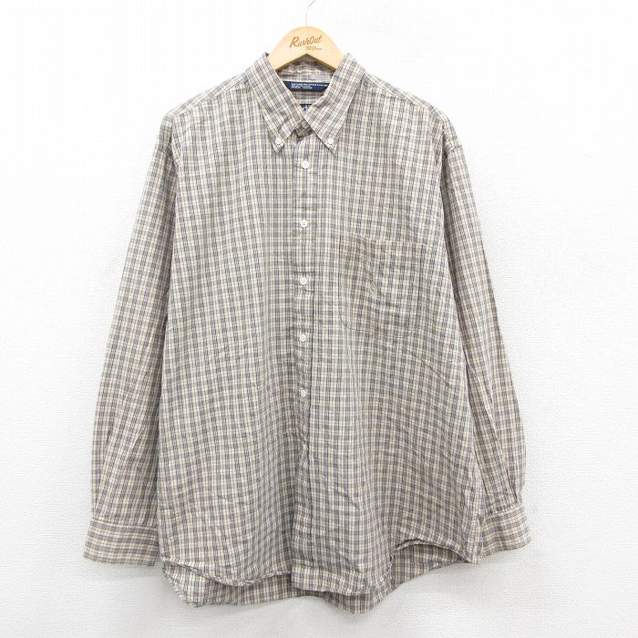 XL★古着 ノーティカ NAUTICA 長袖 ブランド シャツ メンズ 90年代 90s ワンポイントロゴ 大きいサイズ ロング丈 コットン ボタンダウン ベージュ系他 カーキ チェック 25oct31 中古 トップス