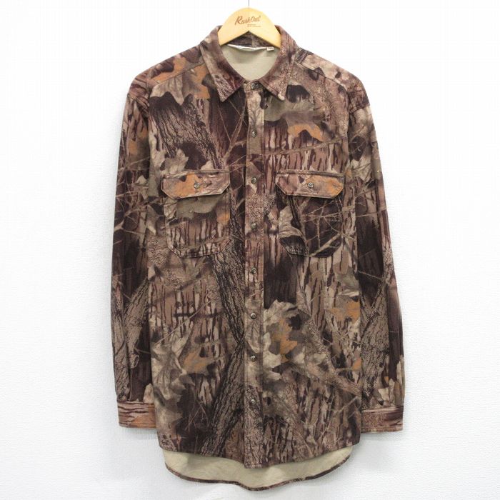 L★古着 エルエルビーン LLBEAN 長袖 ブランド フリース シャツ メンズ 80年代 80s ロング丈 ベージュ他 カーキ 迷彩 【spe】 25nov04 中古 トップス