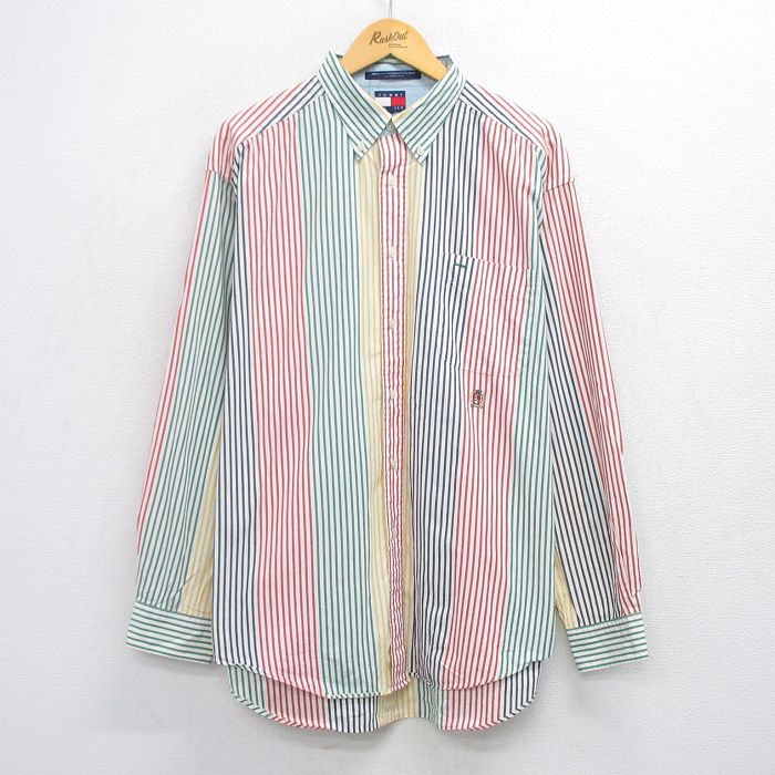XL★古着 トミーヒルフィガー TOMMY HILFIGER 長袖 ブランド シャツ メンズ 90年代 90s ワンポイントロゴ 大きいサイズ ロング丈 クレイジーパターン コットン ボタンダウン 緑他 グリーン ストライプ 25nov04 中古 トップス