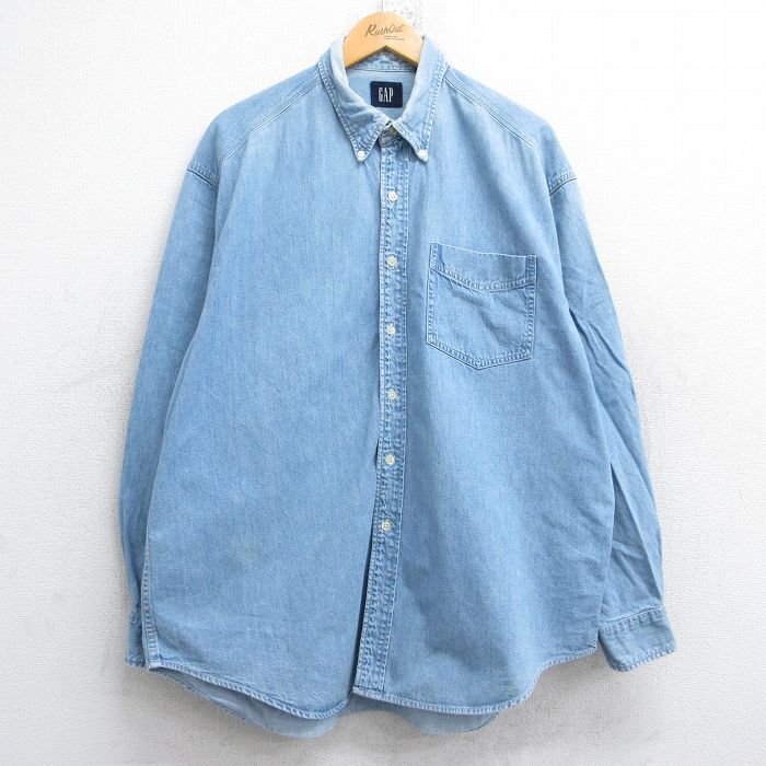 【20%OFF】XL★古着 ギャップ GAP 長袖 ブランド シャツ メンズ 00年代 00s ロング丈 コットン ボタンダウン 薄紺 ネイビー デニム 25nov05 中古 トップス