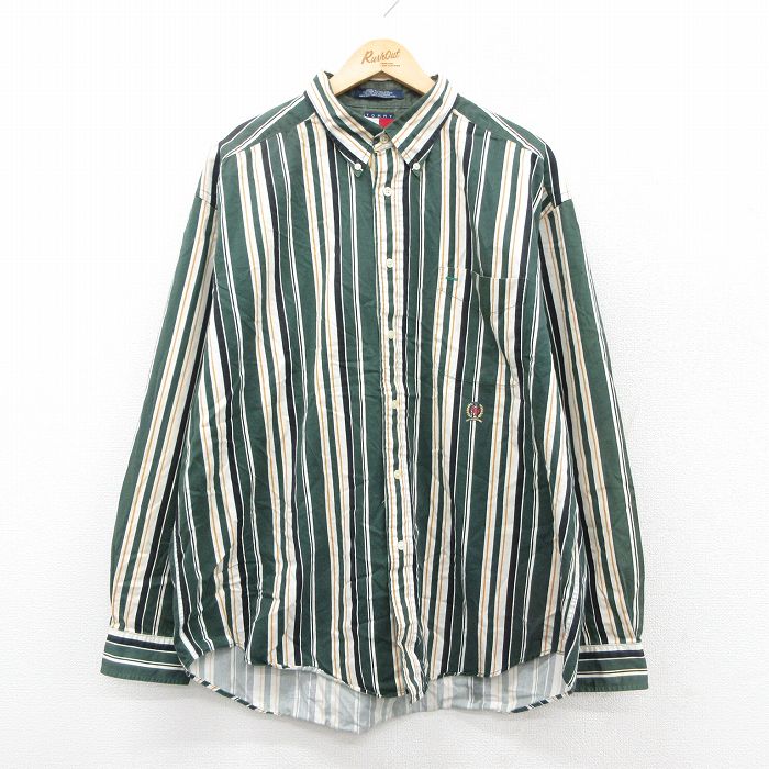 XL★古着 トミーヒルフィガー 長袖 ブランド シャツ メンズ 90年代 90s ワンポイントロゴ 大きいサイズ コットン ボタンダウン 緑他 ストライプ 25nov11
