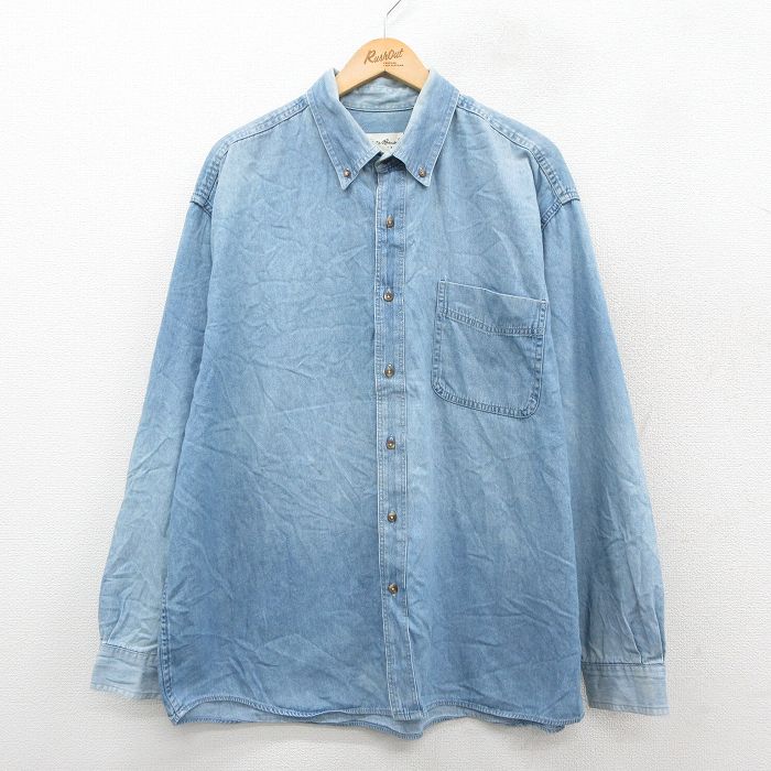 XL★古着 エディーバウアー 長袖 ブランド シャツ メンズ 00年代 00s 大きいサイズ ロング丈 コットン ボタンダウン 薄紺 デニム 25nov11