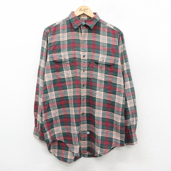 L★古着 ラルフローレン 長袖 ブランド シャツ メンズ 90年代 90s ロング丈 コットン 緑他 チェック 25nov11