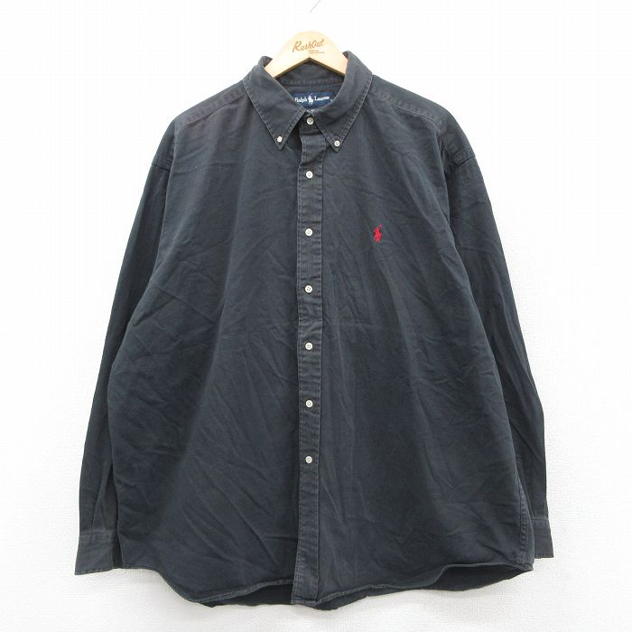 XL★古着 ラルフローレン 長袖 ブランド シャツ メンズ 90年代 90s ワンポイントロゴ BLAIRE 大きいサイズ ロング丈 コットン ボタンダウン 黒 25nov11