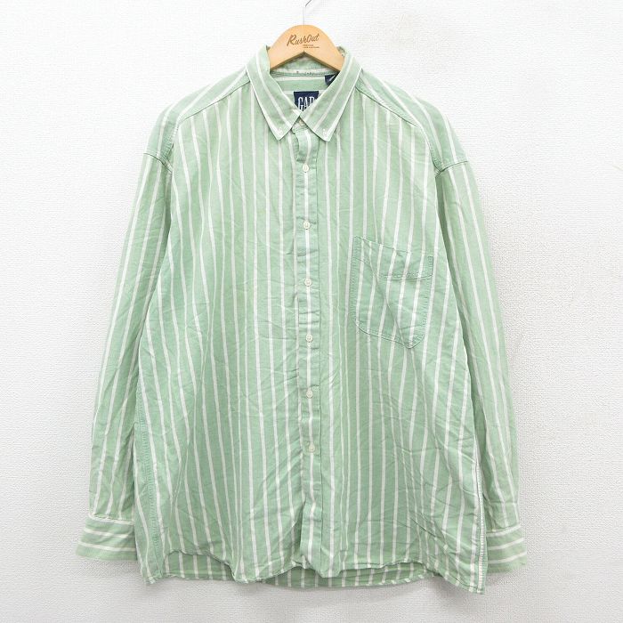 XL★古着 ギャップ GAP 長袖 ブランド シャツ メンズ 90年代 90s 大きいサイズ コットン ボタンダウン カナダ製 緑他 ストライプ 25nov11