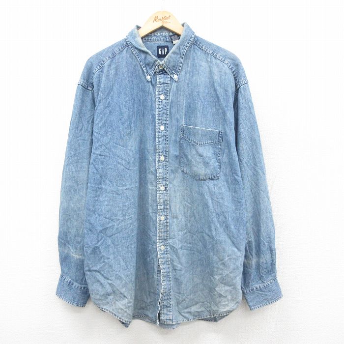 XL★古着 ギャップ GAP 長袖 ブランド シャツ メンズ 00年代 00s 大きいサイズ ロング丈 コットン ボタンダウン 薄紺 デニム 25nov11