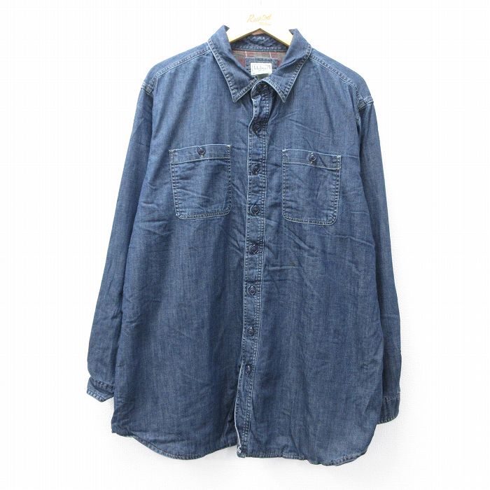 XL★古着 エルエルビーン 長袖 ブランド シャツ メンズ 00年代 00s 大きいサイズ ロング丈 コットン 紺 デニム 内側フランネル 25nov14