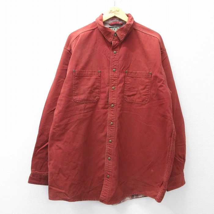 XL★古着 エルエルビーン 長袖 ブランド シャツ メンズ 00年代 00s ダック地 大きいサイズ ロング丈 コットン カナダ製 オレンジ系 内側フランネル 25nov14