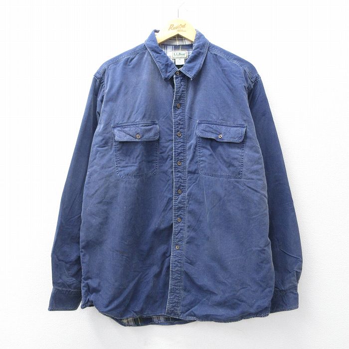 XL★古着 エルエルビーン 長袖 ブランド シャツ メンズ 80年代 80s 大きいサイズ コットン USA製 紺 内側フランネル【spe】 25nov14