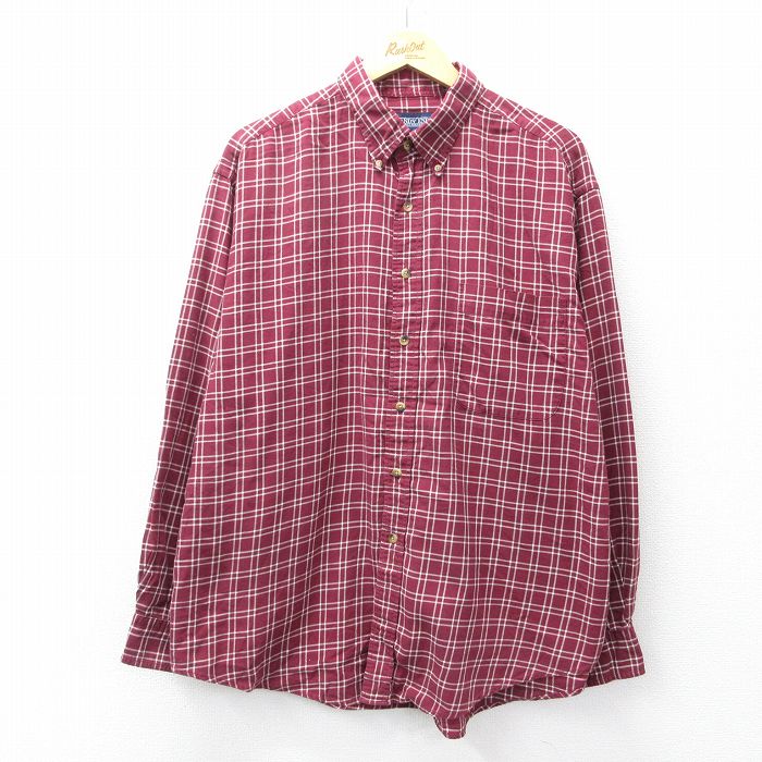 XL★古着 ランズエンド 長袖 ブランド シャツ メンズ 00年代 00s 大きいサイズ コットン ボタンダウン エンジ系他 チェック 25nov14