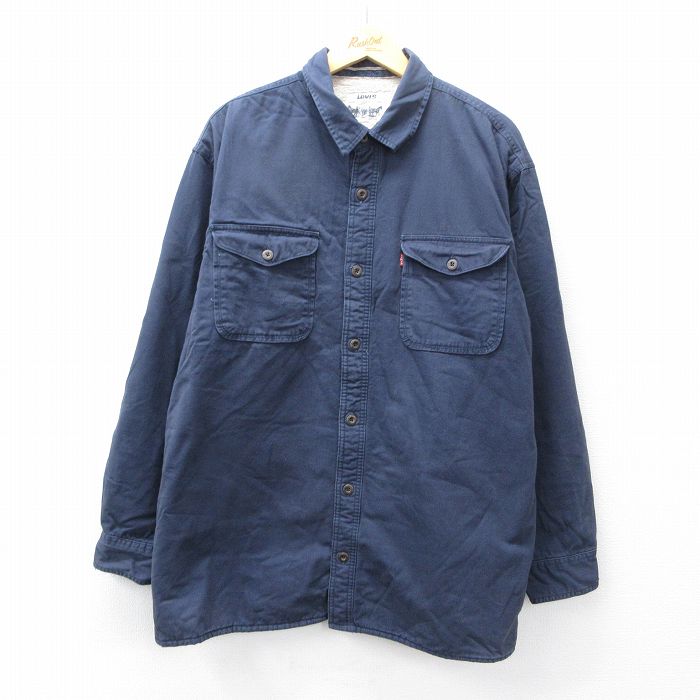 XL★古着 リーバイス Levis 長袖 ブランド シャツ メンズ ロング丈 コットン 紺 内側ボア 25nov14