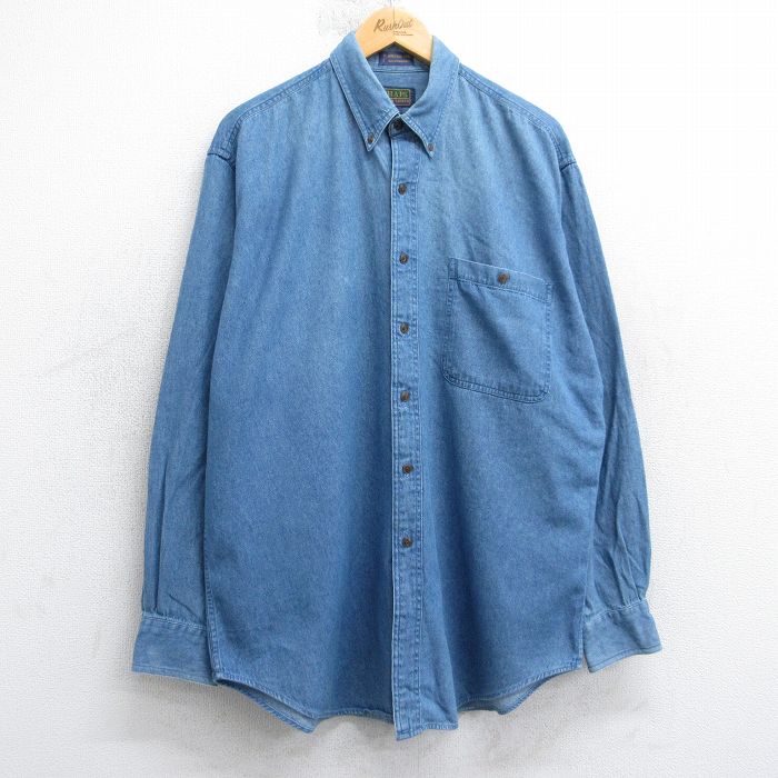 XL★古着 ラルフローレン チャップス 長袖 ブランド シャツ メンズ 80年代 80s ロング丈 コットン ボタンダウン 紺 デニム 25nov15