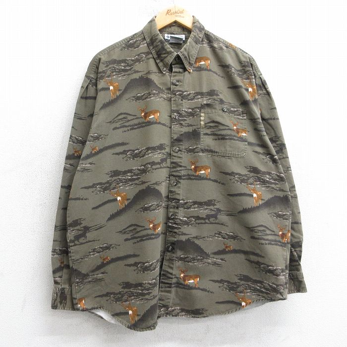 XL★古着 コロンビア 長袖 ブランド シャツ メンズ 00年代 00s シカ 総柄 ダック地 コットン ボタンダウン 濃緑【spe】 25nov15