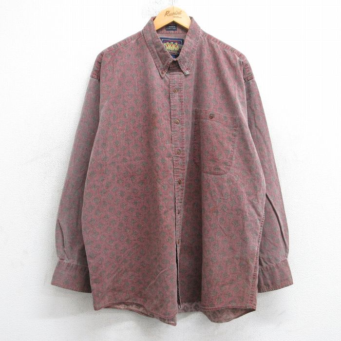 XL★古着 ラルフローレン チャップス 長袖 ブランド シャツ メンズ 80年代 80s 総柄 大きいサイズ ロング丈 コットン ボタンダウン エンジ他 25nov15