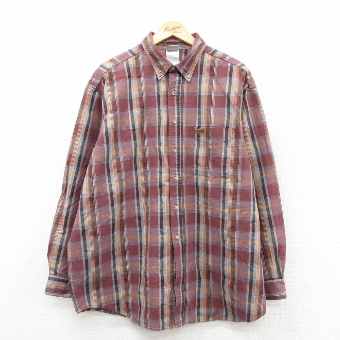 XL★古着 カーハート 長袖 ブランド シャツ メンズ 00年代 00s 大きいサイズ ロング丈 ボタンダウン エンジ他 チェック【spe】 25nov17