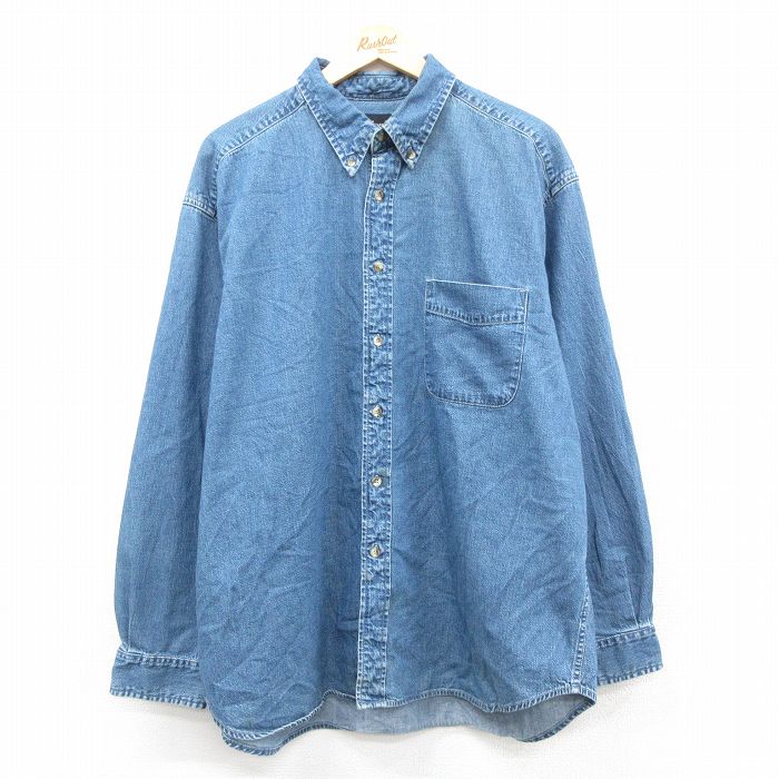 XL★古着 エディーバウアー 長袖 ブランド シャツ メンズ 00年代 00s 大きいサイズ コットン ボタンダウン 紺 デニム 25nov18