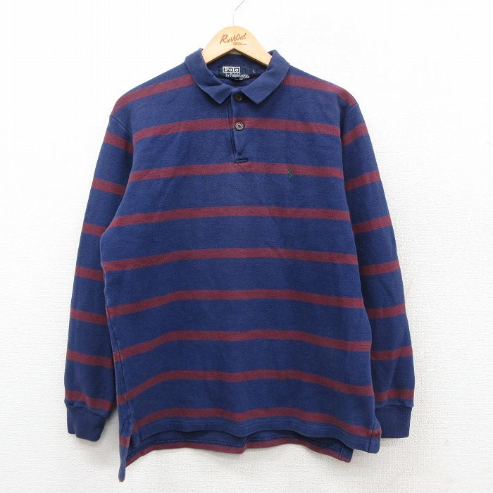 【20%OFF】L★古着 ラルフローレン 長袖 ブランド ポロ シャツ メンズ 90年代 90s ワンポイントロゴ 鹿の子 コットン USA製 紺他 ボーダー 25nov18
