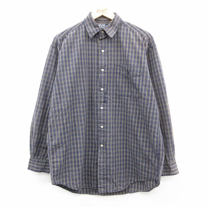 XL★古着 ラルフローレン 長袖 ブランド シャツ メンズ 90年代 90s ワンポイントロゴ BRADFIELD コットン 紺他 チェック【spe】 25nov18