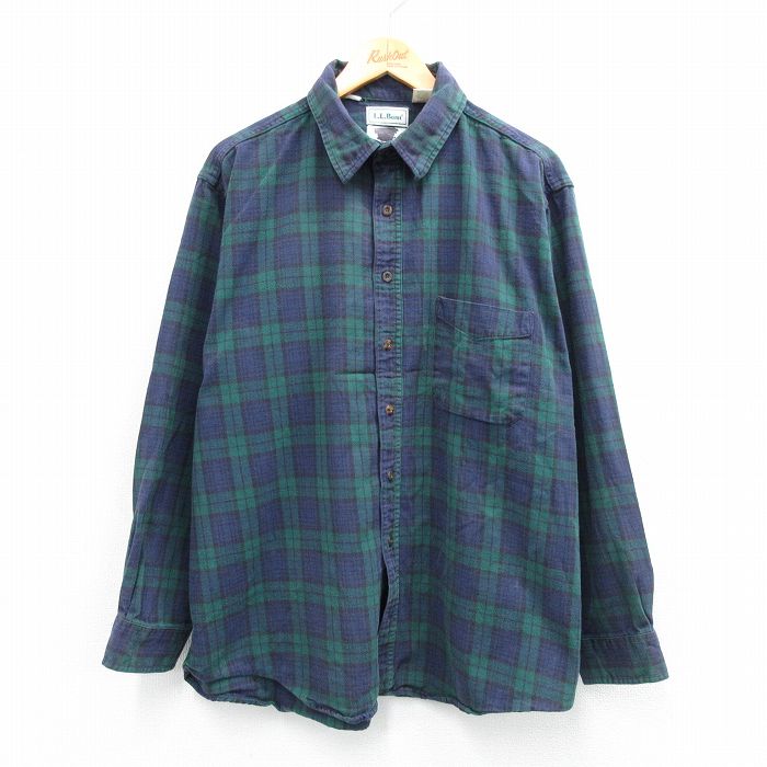 XL★古着 エルエルビーン 長袖 ブランド シャツ メンズ 90年代 90s 大きいサイズ コットン USA製 緑他 タータン チェック ブラックウォッチ 25nov18
