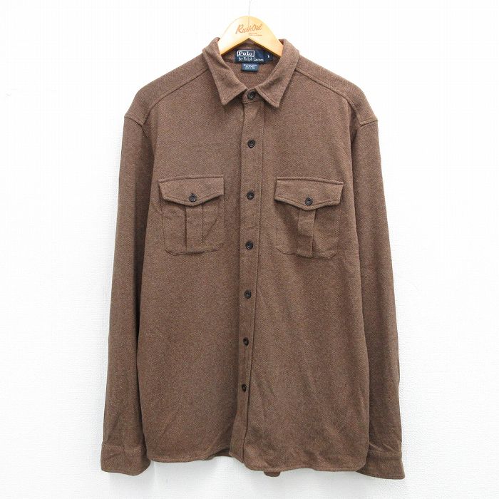 L★古着 ラルフローレン 長袖 ブランド シャツ メンズ 90年代 90s ヘリンボーン ヒジ当て アルパカ 茶【spe】 25nov18