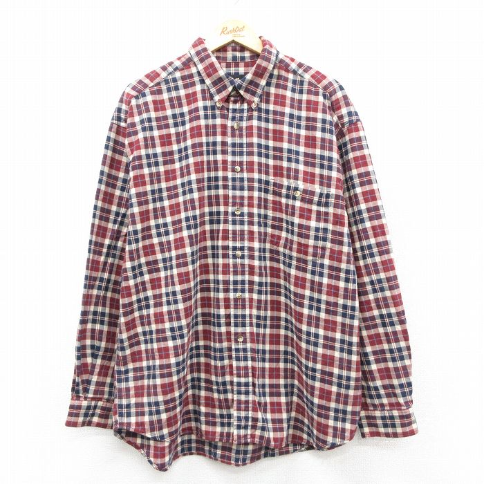 XL★古着 エディーバウアー 長袖 ブランド シャツ メンズ 00年代 00s 大きいサイズ ロング丈 コットン ボタンダウン エンジ他 チェック 25nov18