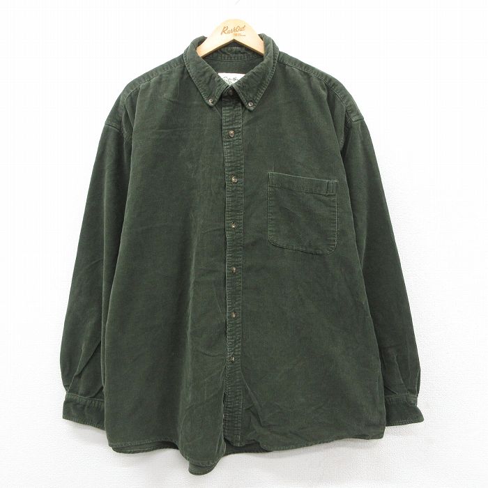 XL★古着 エディーバウアー 長袖 ブランド シャツ メンズ 00年代 00s コーデュロイ 大きいサイズ ロング丈 コットン ボタンダウン 濃緑【spe】 25nov18