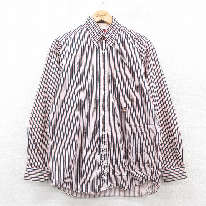 L★古着 トミーヒルフィガー 長袖 ブランド シャツ メンズ 90年代 90s ワンポイントロゴ コットン ボタンダウン 紺他 ストライプ 25nov18