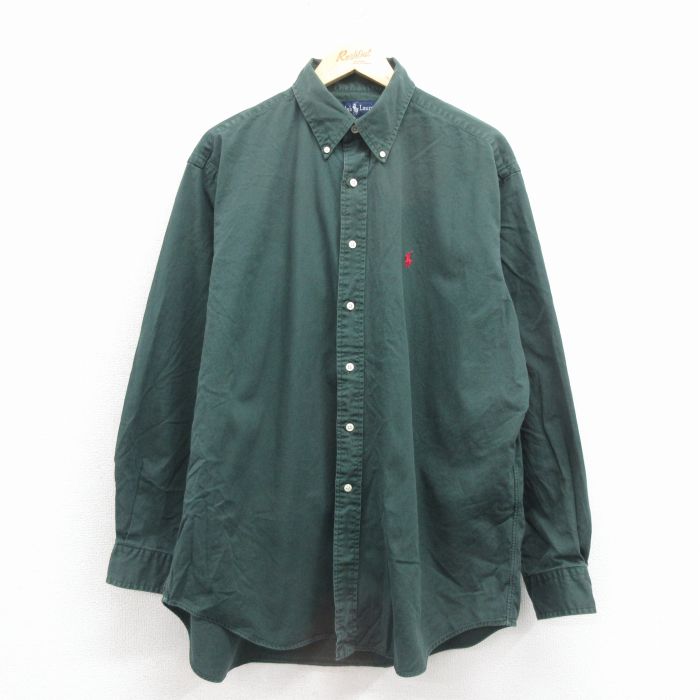 XL★古着 ラルフローレン 長袖 ブランド シャツ メンズ 90年代 90s ワンポイントロゴ 大きいサイズ ロング丈 コットン ボタンダウン 緑 25nov19