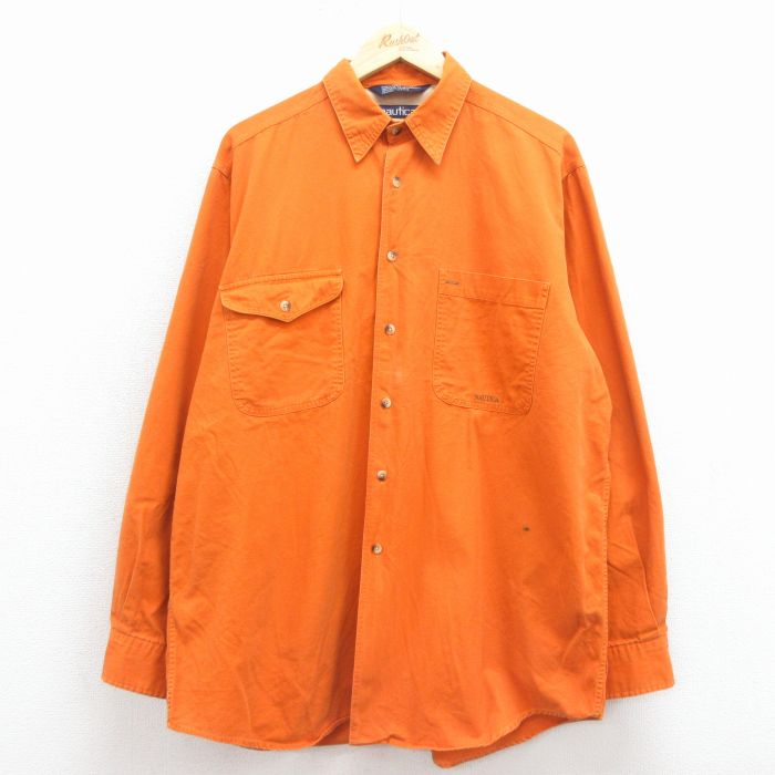 XL★古着 ノーティカ 長袖 ブランド シャツ メンズ 90年代 90s ワンポイントロゴ 大きいサイズ ロング丈 コットン オレンジ 25nov19