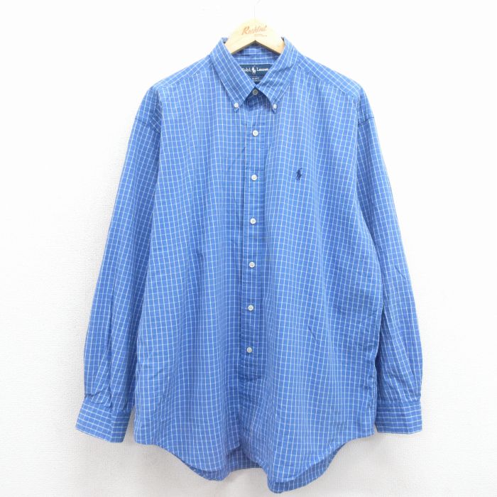 XL★古着 ラルフローレン 長袖 ブランド シャツ メンズ 90年代 90s ワンポイントロゴ BLAKE 大きいサイズ ロング丈 コットン ボタンダウン 薄紺他 チェック 25nov19