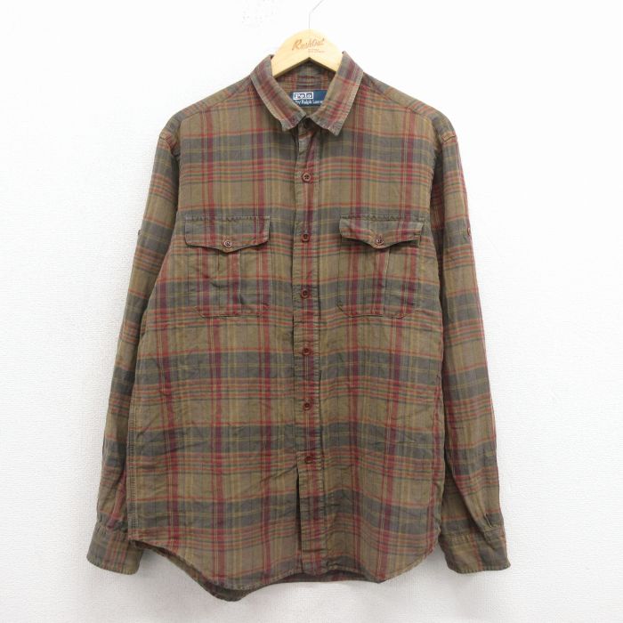 L★古着 ラルフローレン 長袖 ブランド シャツ メンズ 90年代 90s リネン 茶系 チェック 25nov19