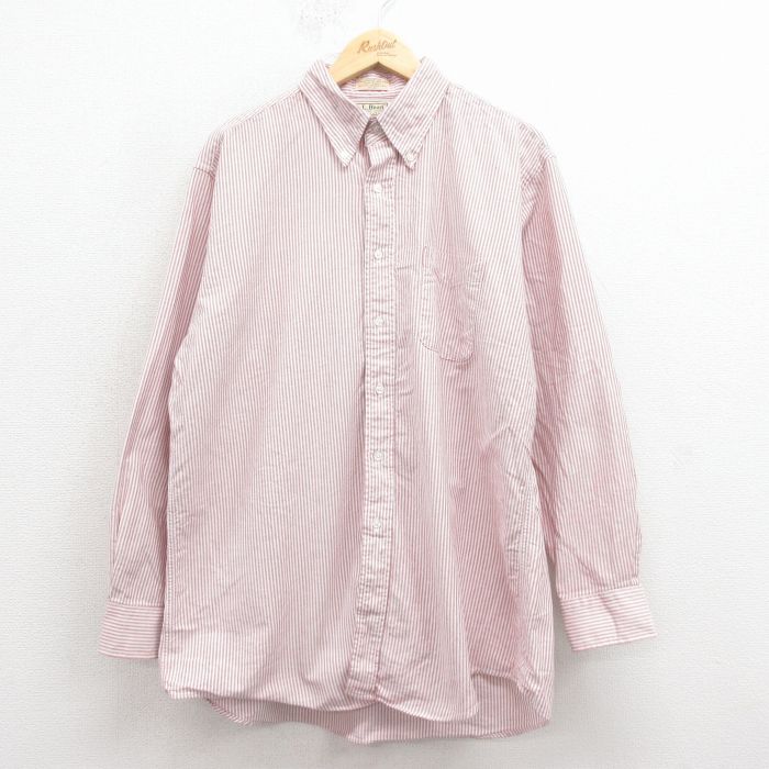 XL★古着 エルエルビーン 長袖 ブランド シャツ メンズ 80年代 80s オックスフォード ロング丈 コットン ボタンダウン USA製 エンジ他 ストライプ 25nov19