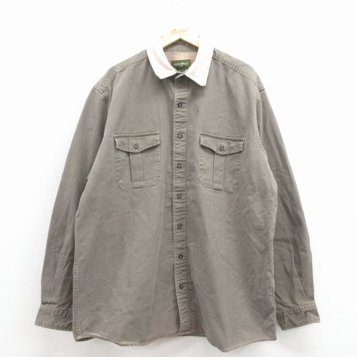 XL★古着 エディーバウアー 長袖 ブランド シャツ メンズ 大きいサイズ ロング丈 コットン 濃グレー系 25nov19
