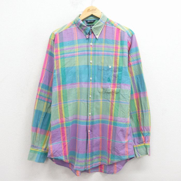 M★古着 ノーティカ 長袖 ブランド シャツ メンズ 90年代 90s ワンポイントロゴ コットン ボタンダウン 緑他 チェック 25nov19