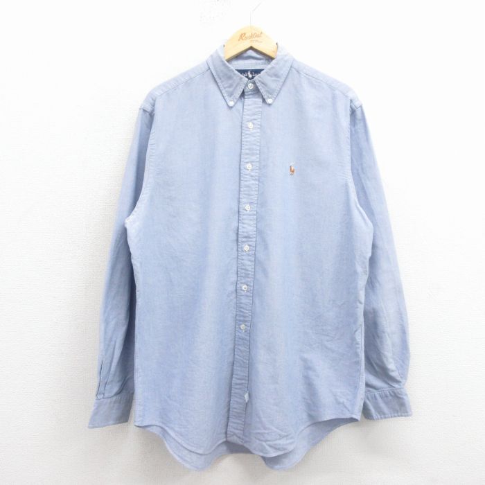XL★古着 ラルフローレン 長袖 ブランド シャツ メンズ 90年代 90s ワンポイントロゴ オックスフォード 大きいサイズ ロング丈 コットン ボタンダウン 薄紺 25nov19