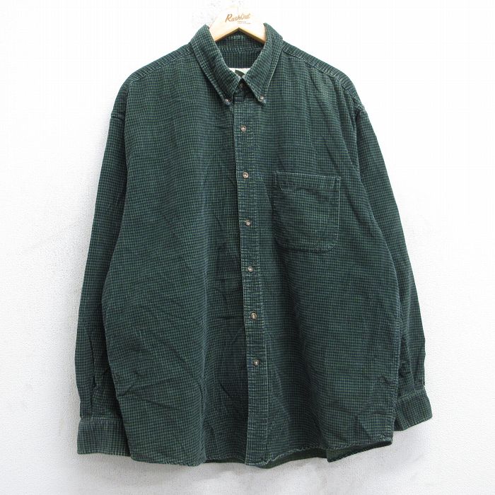 XL★古着 エディーバウアー 長袖 ブランド シャツ メンズ 00年代 00s コーデュロイ 大きいサイズ ロング丈 コットン ボタンダウン 緑他 チェック 25nov19