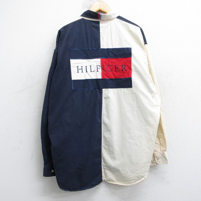 トミーヒルフィガー 90s 長袖シャツ ビッグロゴ ネイビー XL | 古着
