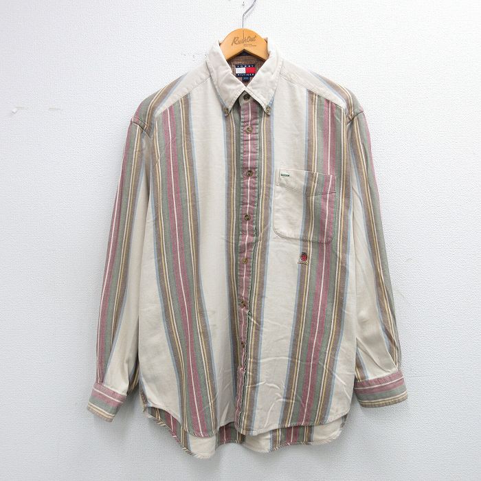 L★古着 トミーヒルフィガー 長袖 ブランド シャツ メンズ 90年代 90s 大きいサイズ コットン ボタンダウン 薄ベージュ他 ストライプ 25nov27