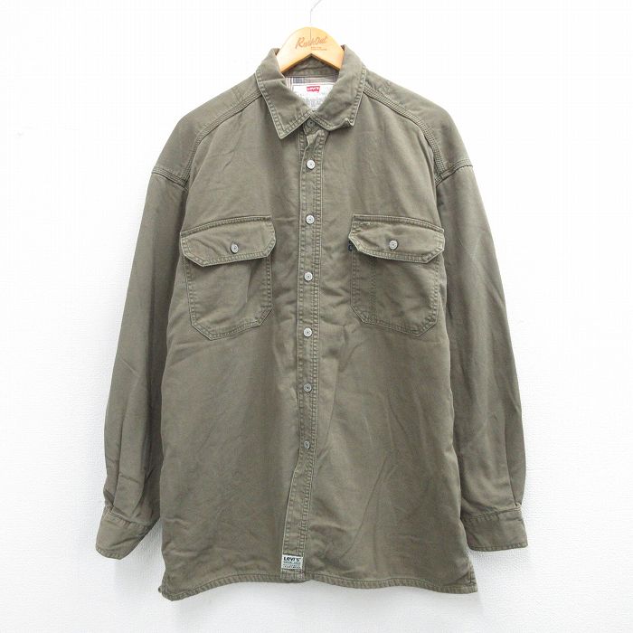 XL★古着 リーバイス Levis 長袖 ブランド シャツ メンズ 00年代 00s 大きいサイズ ロング丈 コットン 薄緑 内側フランネル 25nov27