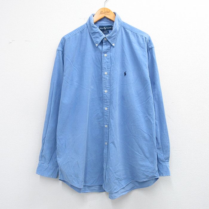 XL★古着 ラルフローレン 長袖 ブランド シャツ メンズ 90年代 90s 大きいサイズ コーデュロイ BLAKE ロング丈 コットン ボタンダウン 水色 25nov27