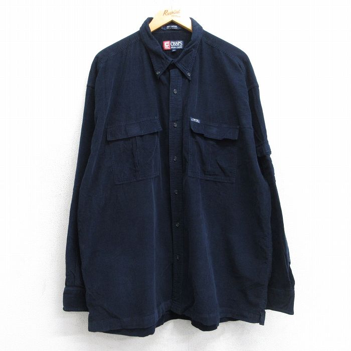 XL★古着 ラルフローレン チャップス 長袖 ブランド シャツ メンズ 90年代 90s コーデュロイ 大きいサイズ コットン ボタンダウン 紺 25dec02