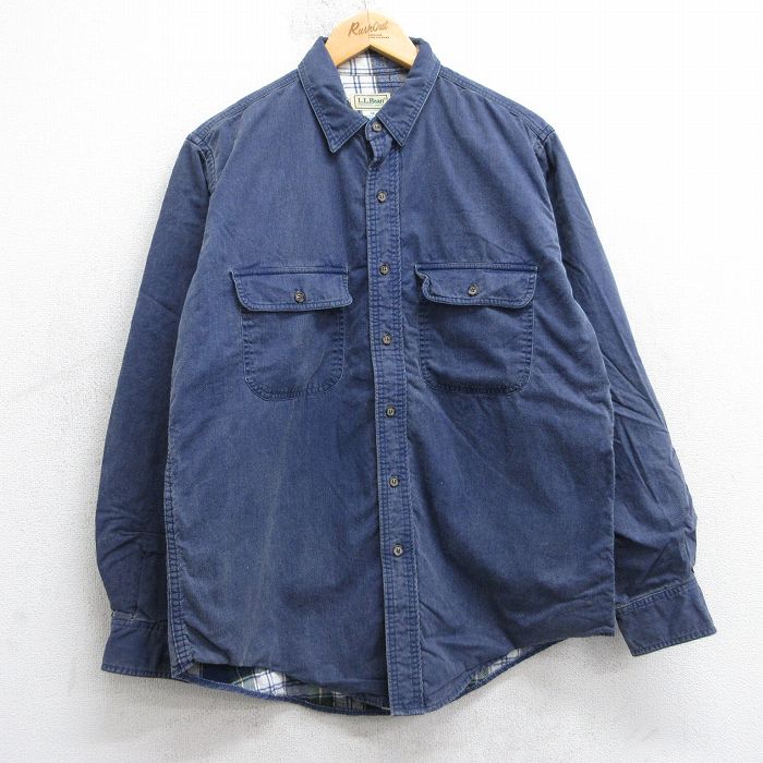 L★古着 エルエルビーン 長袖 ブランド シャツ メンズ 80年代 80s コットン USA製 紺 内側フランネル【spe】 25dec02