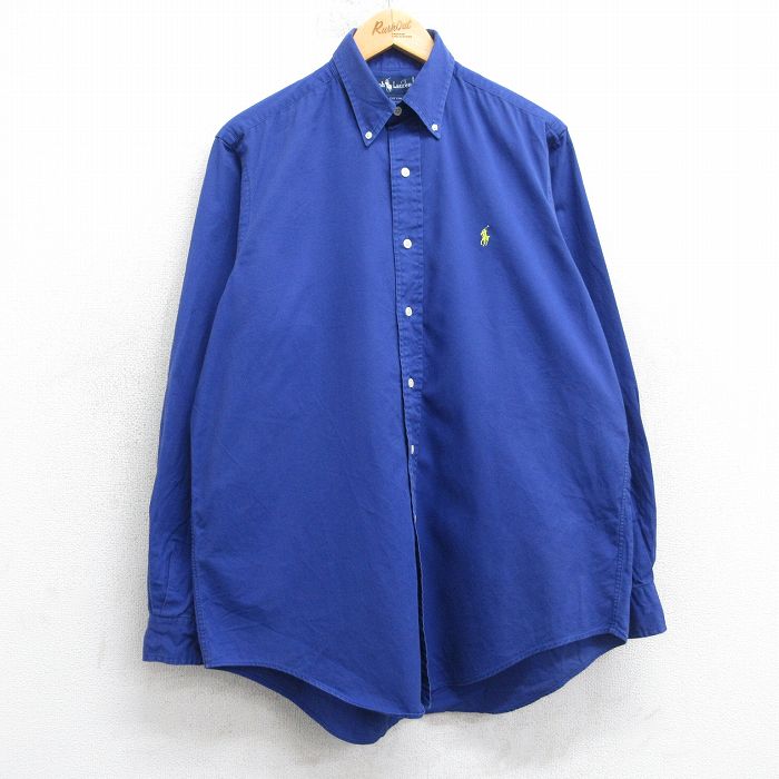 XL★古着 ラルフローレン 長袖 ブランド シャツ メンズ 90年代 90s ワンポイントロゴ コットン ボタンダウン 青 25dec02