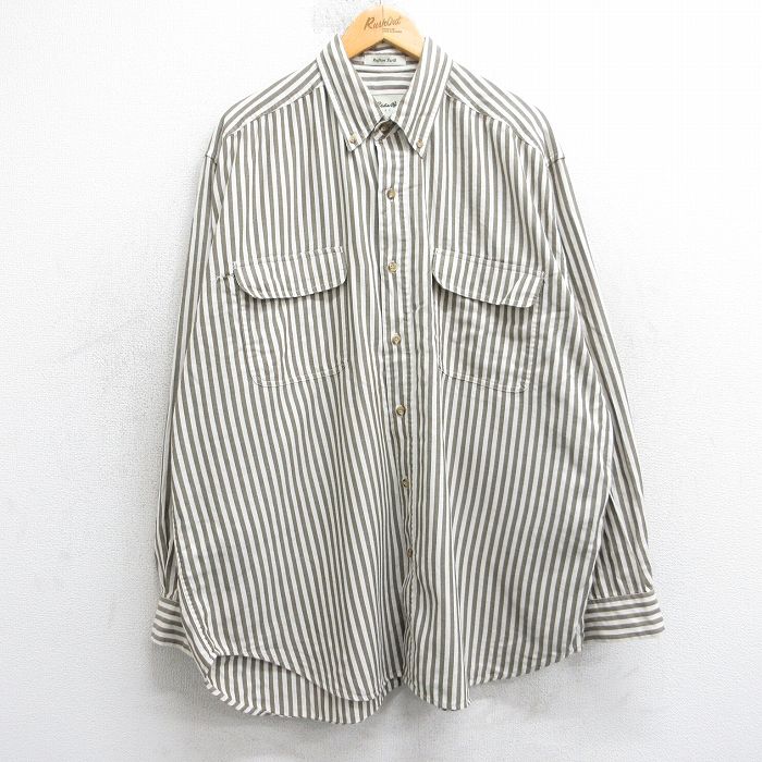 XL★古着 エディーバウアー 長袖 ブランド シャツ メンズ 00年代 00s 大きいサイズ ロング丈 コットン ボタンダウン 薄ベージュ他 ストライプ 25dec02