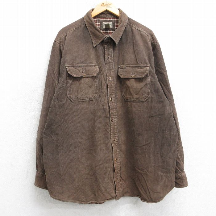 XL★古着 エルエルビーン 長袖 ブランド シャツ メンズ 00年代 00s コーデュロイ 大きいサイズ ロング丈 コットン 茶 内側フランネル 25dec02