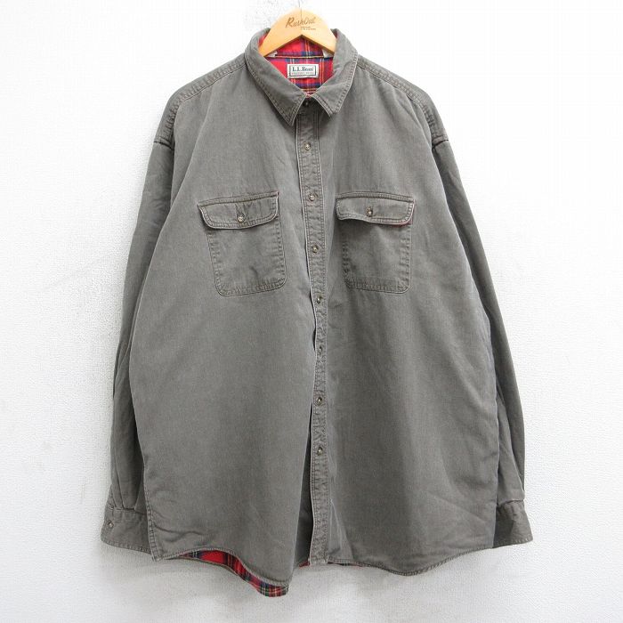 XL★古着 エルエルビーン 長袖 ブランド シャツ メンズ 80年代 80s 大きいサイズ ロング丈 コットン USA製 グレー 内側フランネル【spe】 25dec02