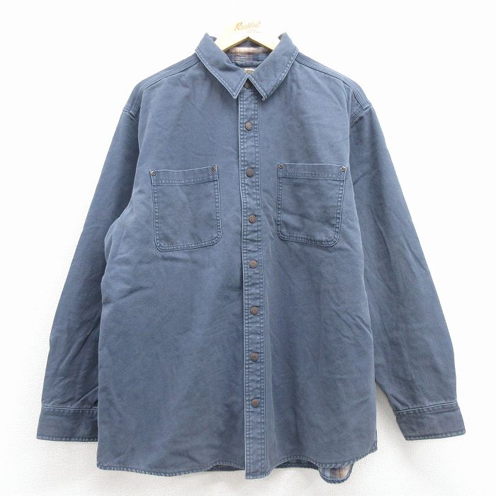 XL★古着 エルエルビーン 長袖 ブランド シャツ メンズ 00年代 00s ダック地 大きいサイズ コットン 紺 内側フランネル【spe】 25dec08